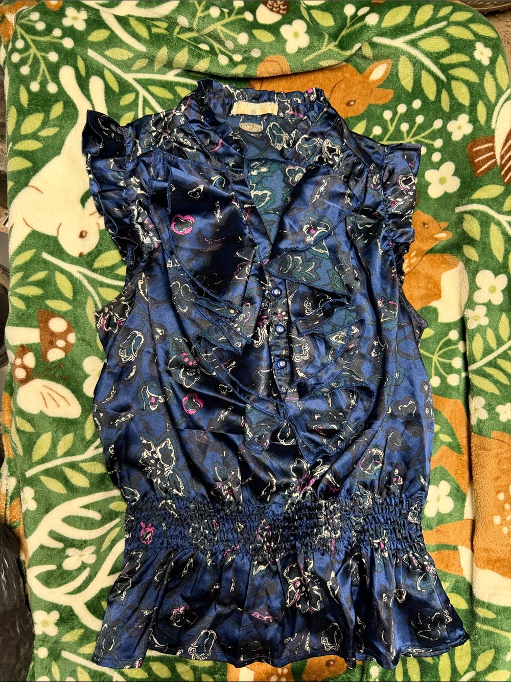 Ruffled Satin Floral Sleeveless Blouse - Navy